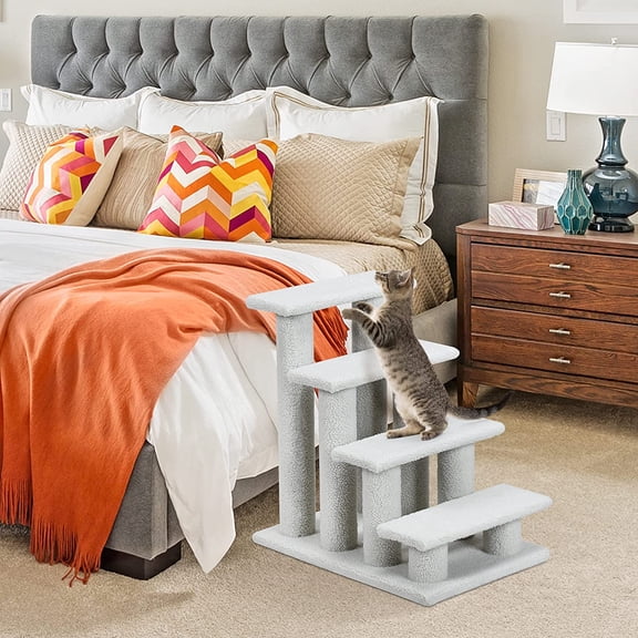 4-Step Pet Stairs for Cats and Dogs with Carpeted Ramp and Scratching Posts, Grayish White