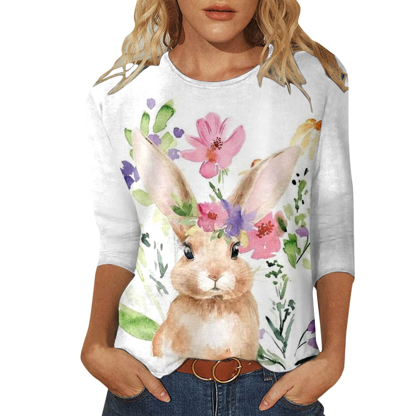 Easter 3/4 Sleeve Shirts for Women Casual Bunny Printed Basic TShirts