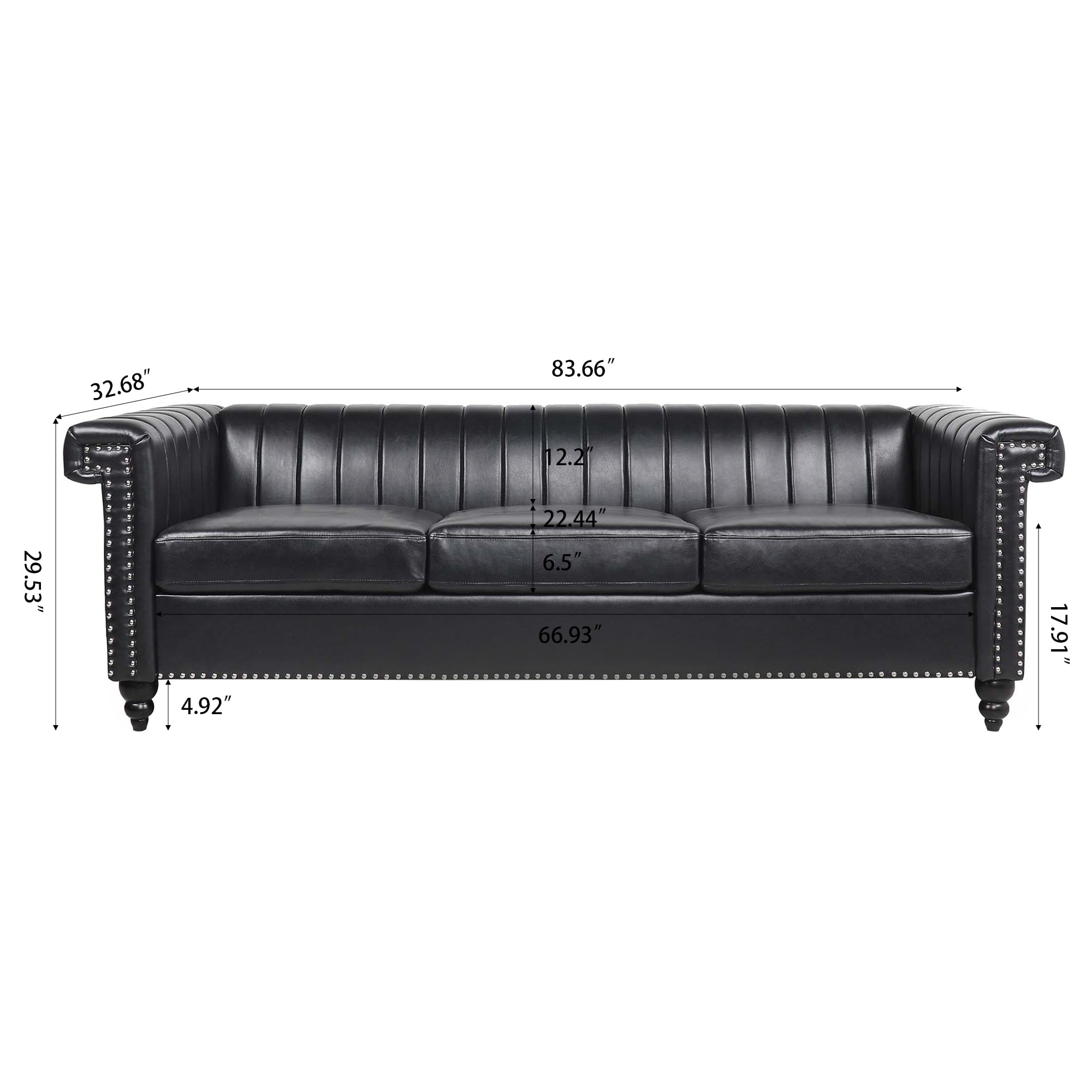 Kadyn 83.66" Removable Cushion 3 Seater Sofa, Modern Pu Sofa for Living Room, Upholstered Pu Sofa Couch with Traditional Square Arm, Black