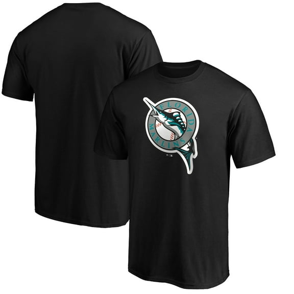 Men's Black Florida Marlins Cooperstown Collection Huntington Logo T-Shirt