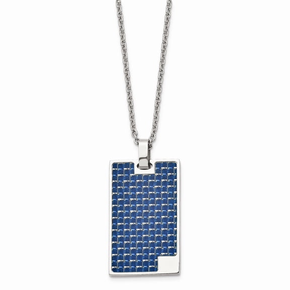 Stainless Steel Polished With Blue Carbon Fiber Inlay Dog Tag 22in Necklace; 22 inch; for Adults and Teens; for Women and Men