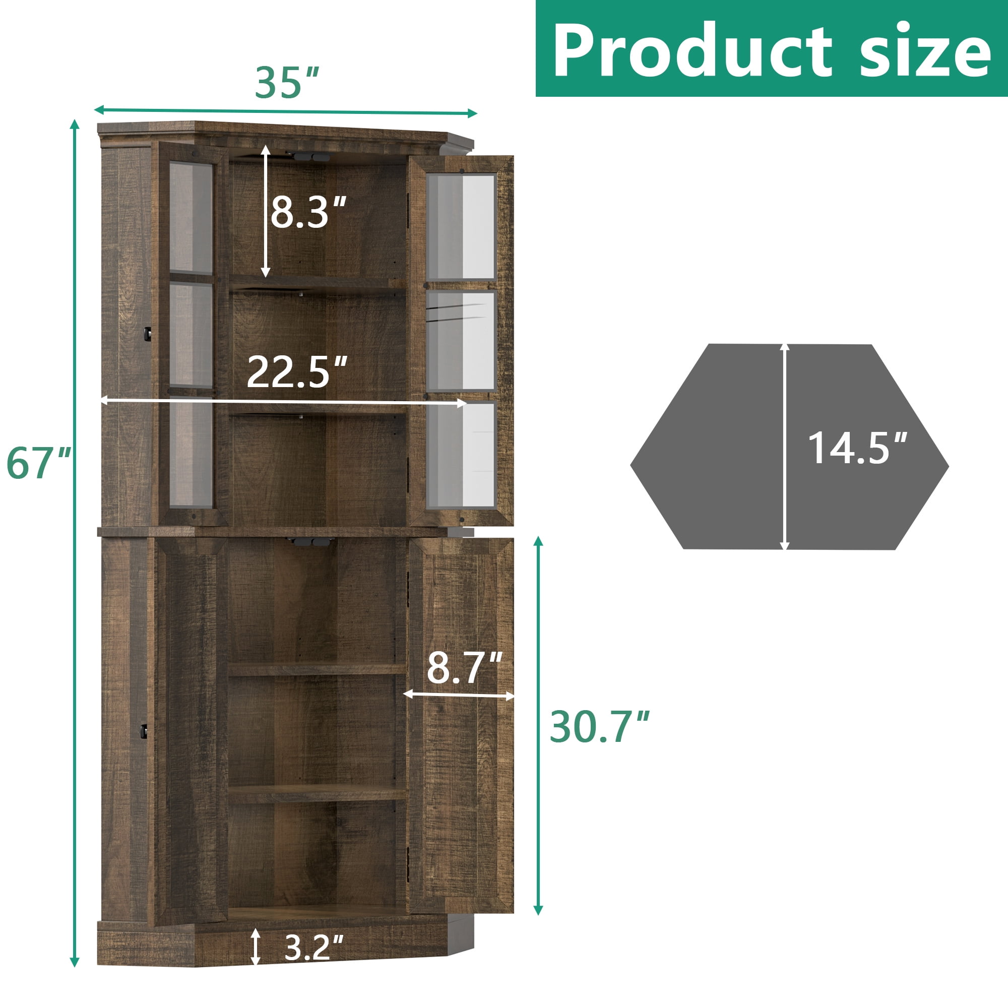 GetYes 67-Inch Corner Pantry Cabinet, 6-Tier Farmhouse with Glass Doors