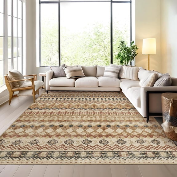 8x10 Area Rug Living Room Washable Non Slip Low Pile Vintage Geometric Distressed Beige