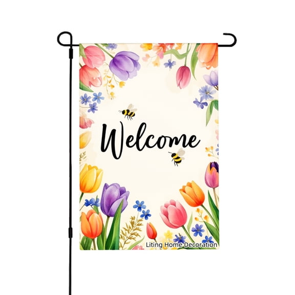 Floral Welcome Garden Flag With Bees And Tulips For Home Outdoor Garden Yard Decor 12x18 Inch
