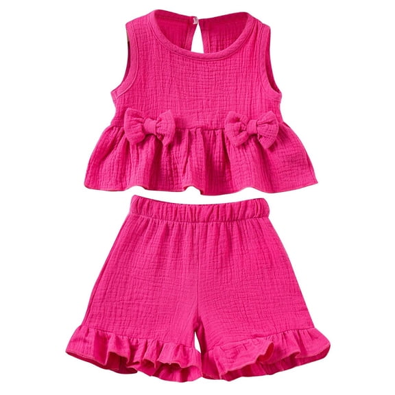 Odeerbi 0-6 Years Infant Girls Summer Outfits Cotton Ruffle Tank Tops Shorts Two-piece Set Solid Color Sleeveless Loungewear Infant Girls Clothes