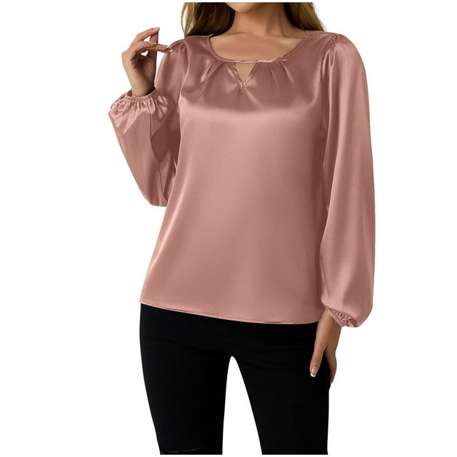 Blouses en Soie pour Femmes Col Rond Trous de Clé T-Shirts Manches Longues Blouse Coupe Décontractée Tendances Sweat Léger Tenues de Bureau
