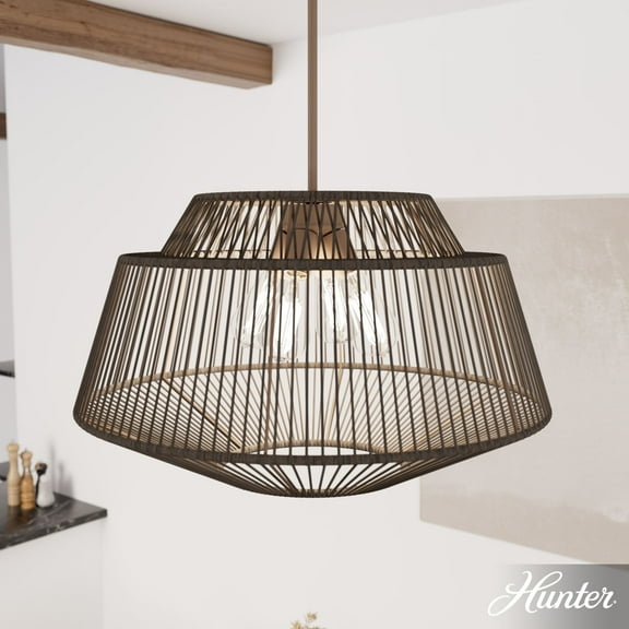 Hunter - Brookhollow 4-light Sable Rattan, Extra Large Pendant Light, Dimmable, Casual Style, Geometric Shaped, for Bedrooms, Dining, Living Rooms - 13219