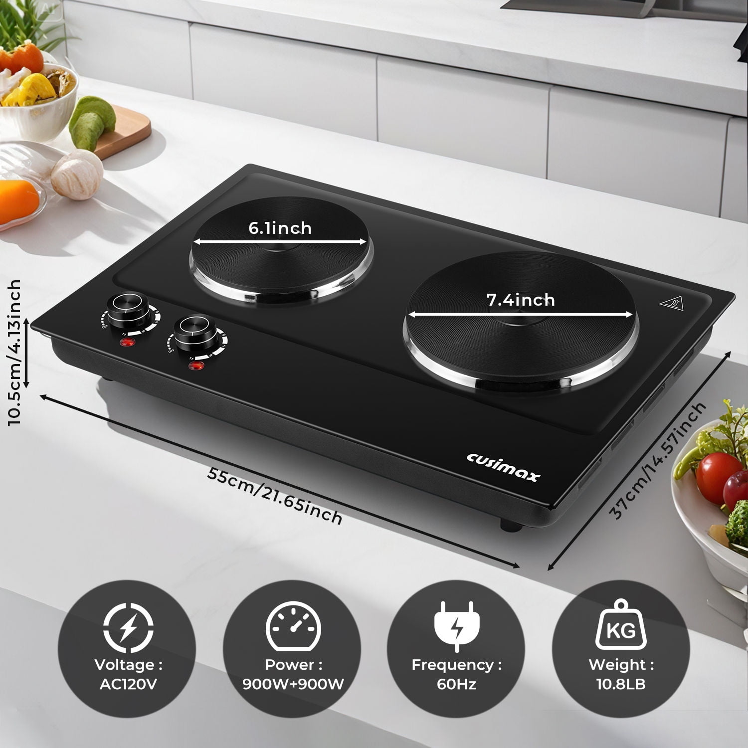 CUSIMAX 1800W Portable Double Burner Hot Plate – Stainless Steel Countertop Electric Cooktop with Dual Cast Iron Heating Plates, Easy-to-Clean Design, Upgraded Version