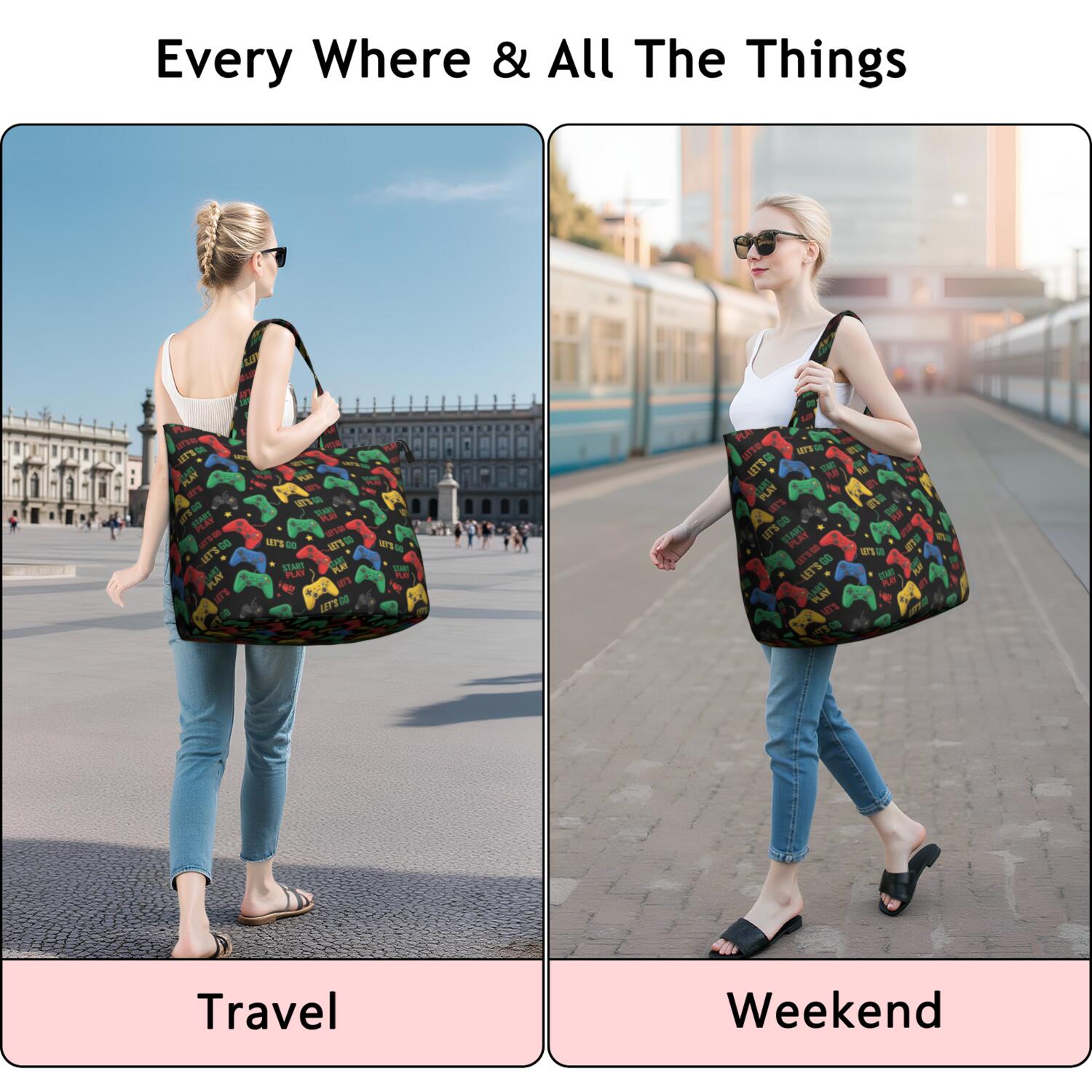 Colorful Controllers Games Icons Black Pattern Travel Tote Bags for Women Carry On,Large Weekender Bags for Women Travel,Multi Functional Duffle Bag for Work,Shopping,Sports