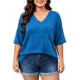 thumbnail image 2 of vdgthytj Womens Plus Size Tops Short Sleeve V-Neck Ribbed Knit Sweater Loose Fitted Summer Casual Tunic with Pocket, 2 of 7