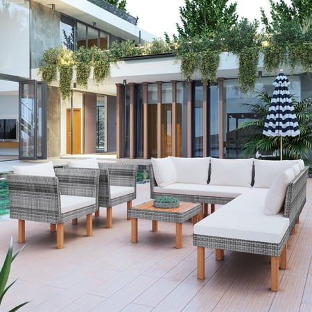 Outdoor Furniture Sets, 9 Piece Patio All Weather Wicker Sofa Set, Garden Sectional Furniture Set with Wood Legs and Beige Cushions, Backyard Conversation Chairs Set with Coffee Table, D8225