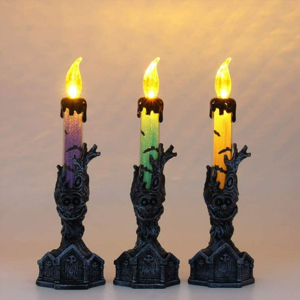 Velas sin llama de Halloween de 3 piezas, lámpara de vela decorativa de Halloween para el hogar, mesa, fiesta, casa embrujada de Halloween (morado y verde, verde)