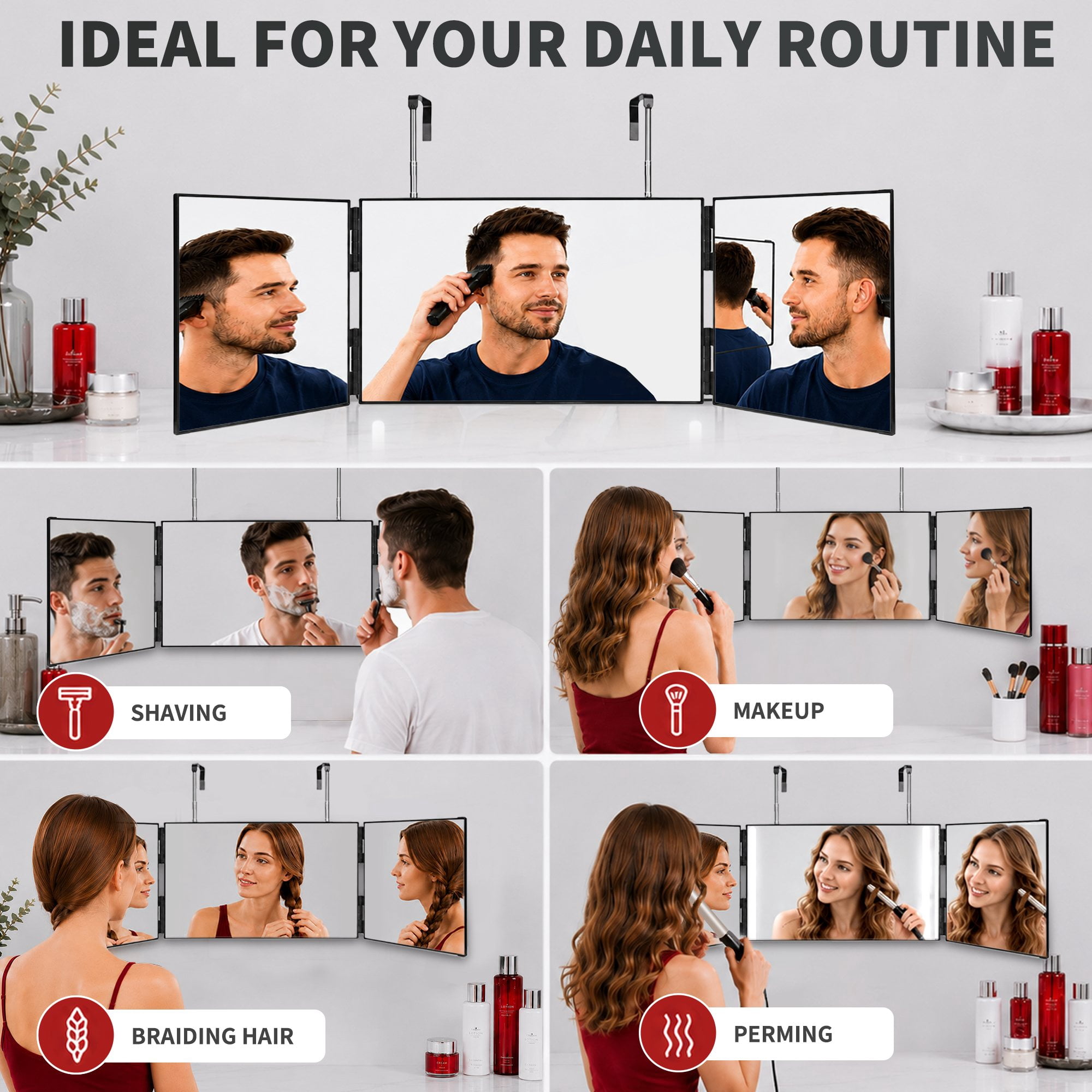 3 Way Mirror for Self Hair Cutting, 360 Barber Mirror Self Cut for Braiding Hair, 3way Haircut to See Back of Head for Men and Women, Black
