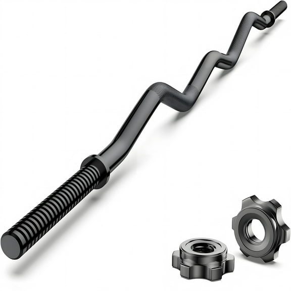 UNIFULL 47" EZ Curl Bar Weight Lifting Bar with Star Collars, 1-inch Weight Plates for Hip Thrusts/Squats/Lunges, Black