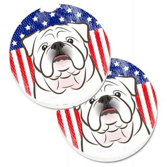 Carolines Treasures  American Flag & White English Bulldog Set of 2 Cup Holder Car Coaster - White
