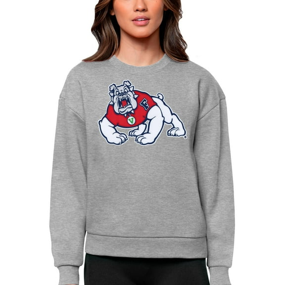 Women's Antigua Heather Gray Fresno State Bulldogs Victory Crewneck Pullover Sweatshirt