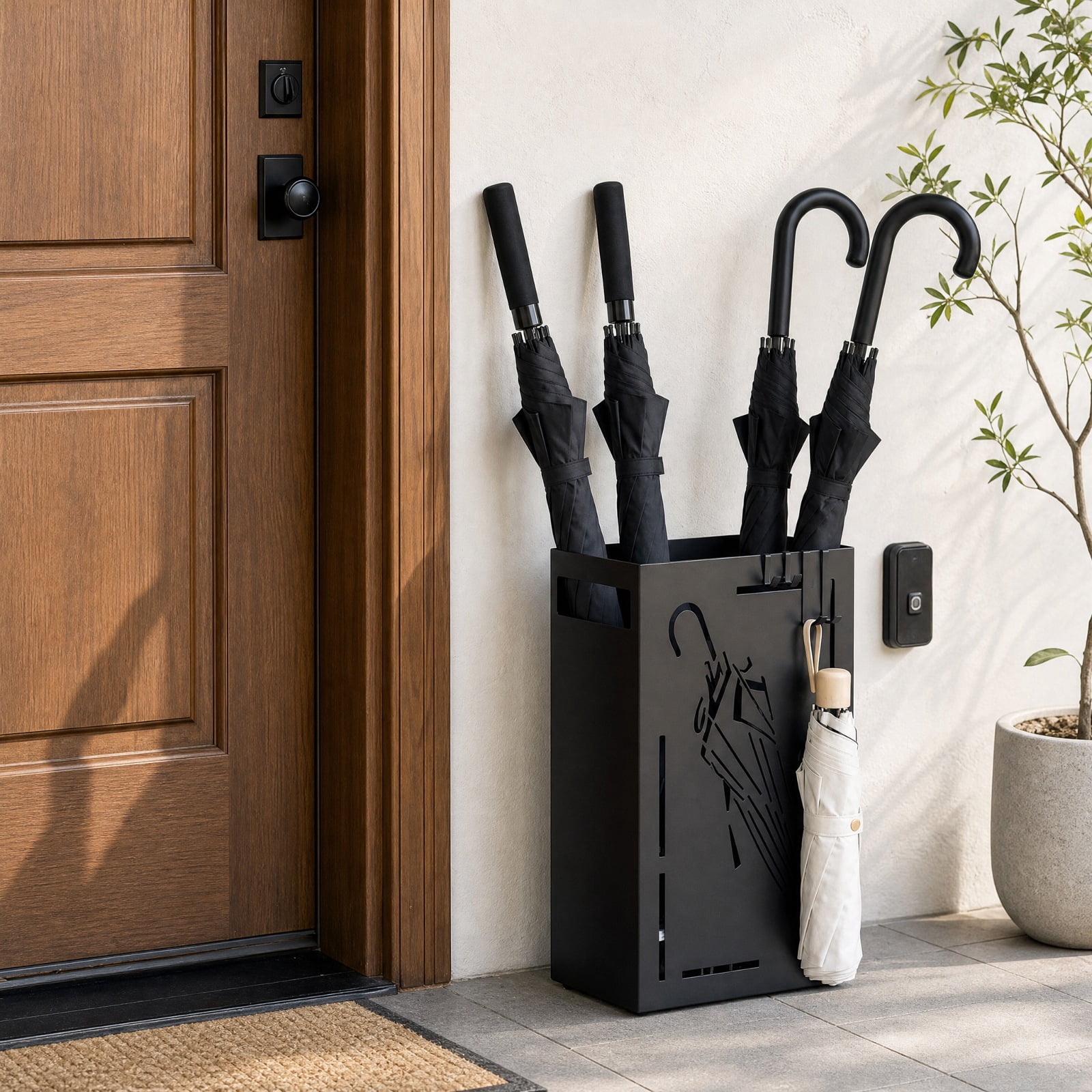 Furnibear Rectangular Umbrella Holder Rack with Removable Drip Tray and 4 Hooks for Entryway Hallway and Home Office Organization, Black