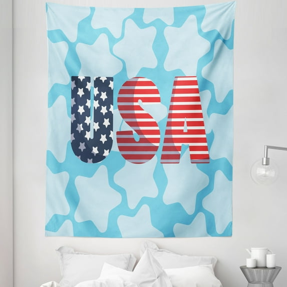 4th of July Tapestry, Flag Designed USA Text Image and Repeated Star Shapes in Backdrop, Fabric Wall Hanging Decor for Bedroom Living Room Dorm, 5 Sizes, Pale Sky Blue Multicolor, by Ambesonne