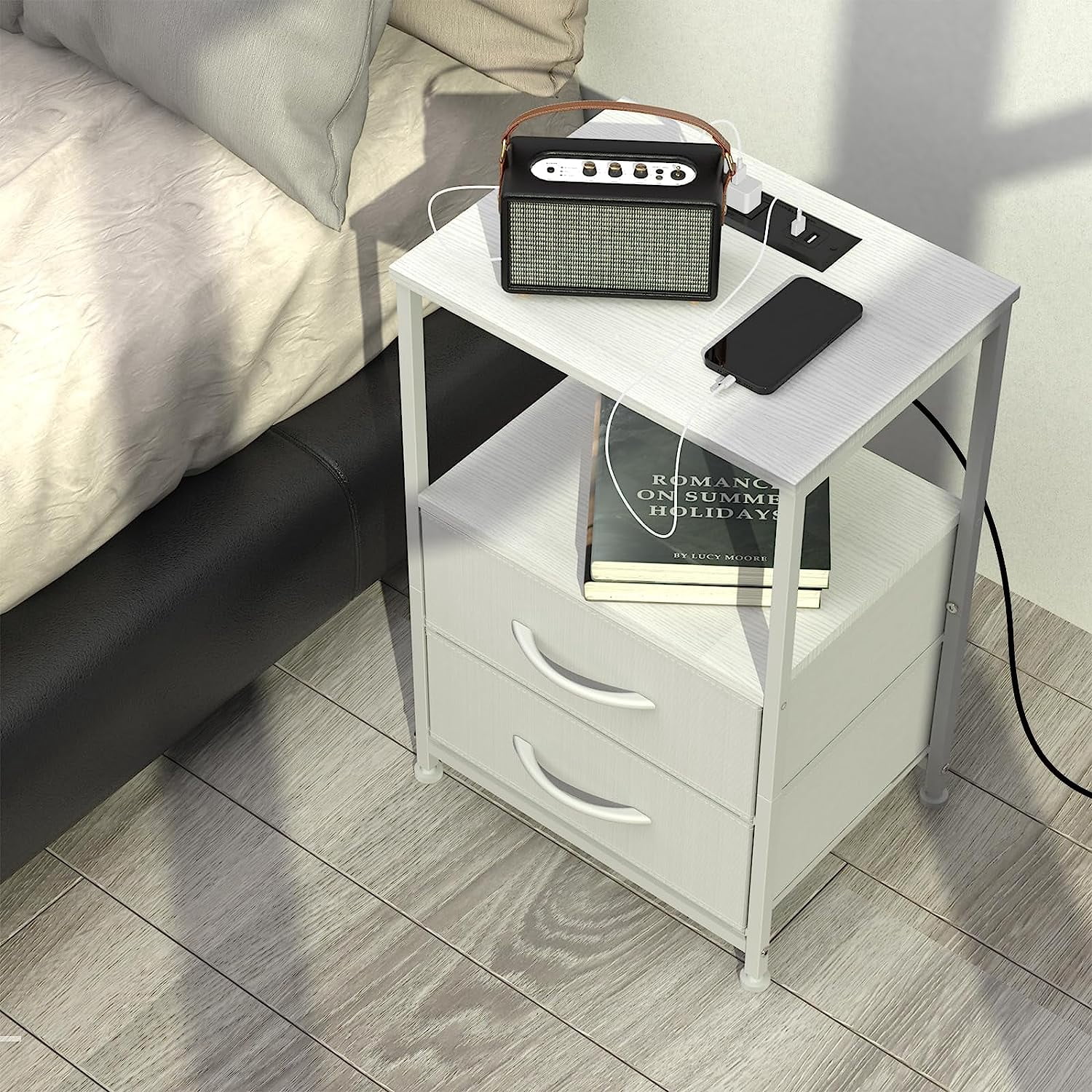White Nightstand with 2 Fabric Drawers End Table with Charging Station