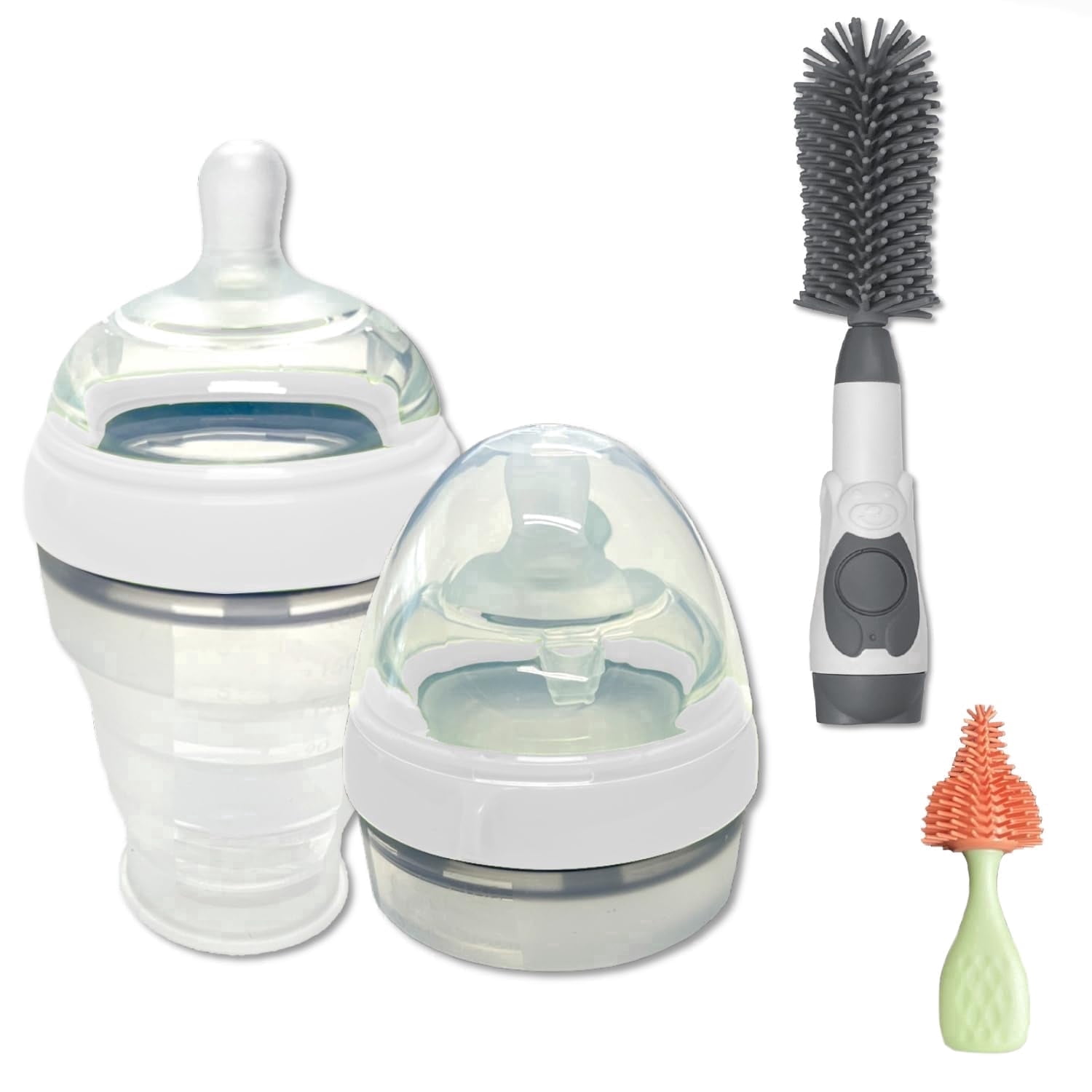 Cintog Silicone Collapsible Shatterproof Anti-Colic Newborn Baby Bottle with Soap Dispensing Brush Combo, 12 fl oz, Clear, 2 Pack
