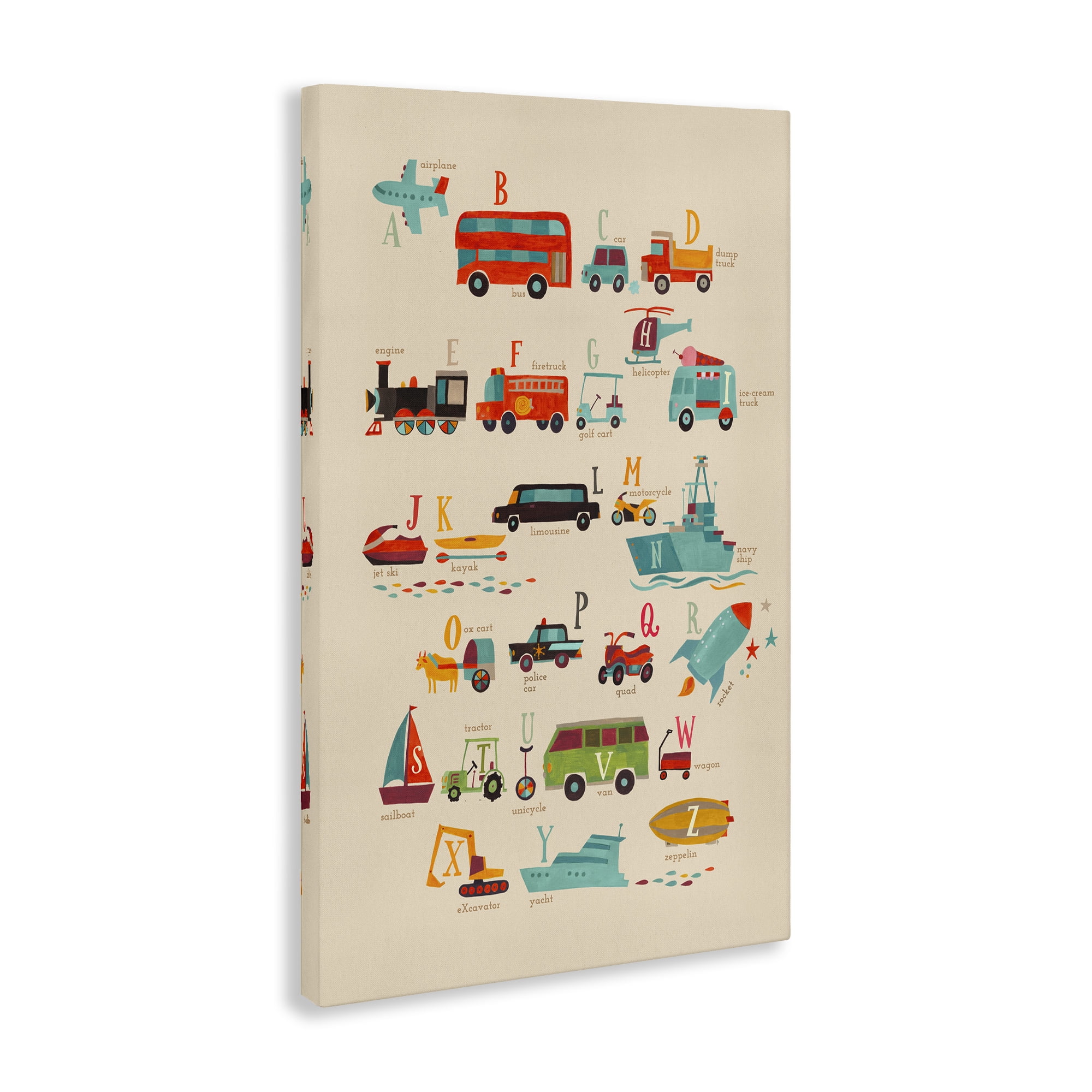 Stupell Industries Varied Transportation Alphabet Education Painting Wrapped Canvas Art Print Wall Art, 24 x 36
