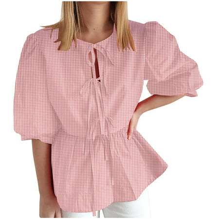 JGGSPWM Women s Summer Tie Front Puff Short Sleeve Babydoll Peplum Tunic Aesthetic Vintage Lace Up Blouses Trendy Tops Pink M