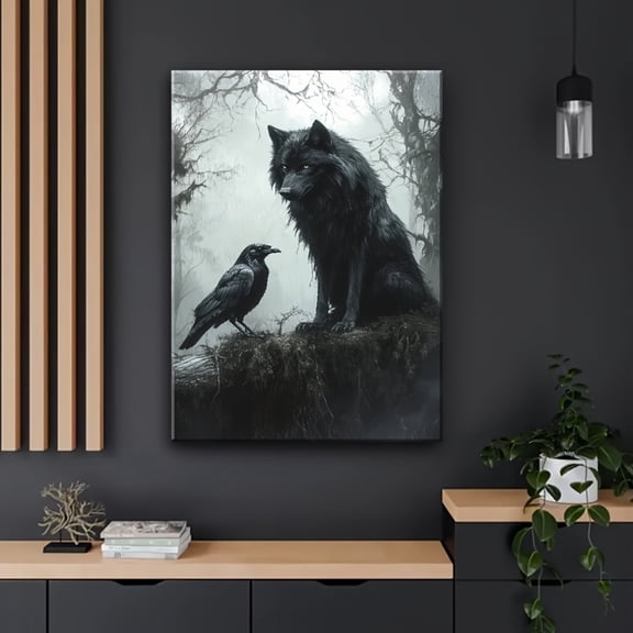 1pc Vibrant Wooden Framed Canvas Painting, Mysterious Wolf and Crow, Gothic Wall Decor Art, Suitable for Anniversary, Home and Living Room Decor Painting