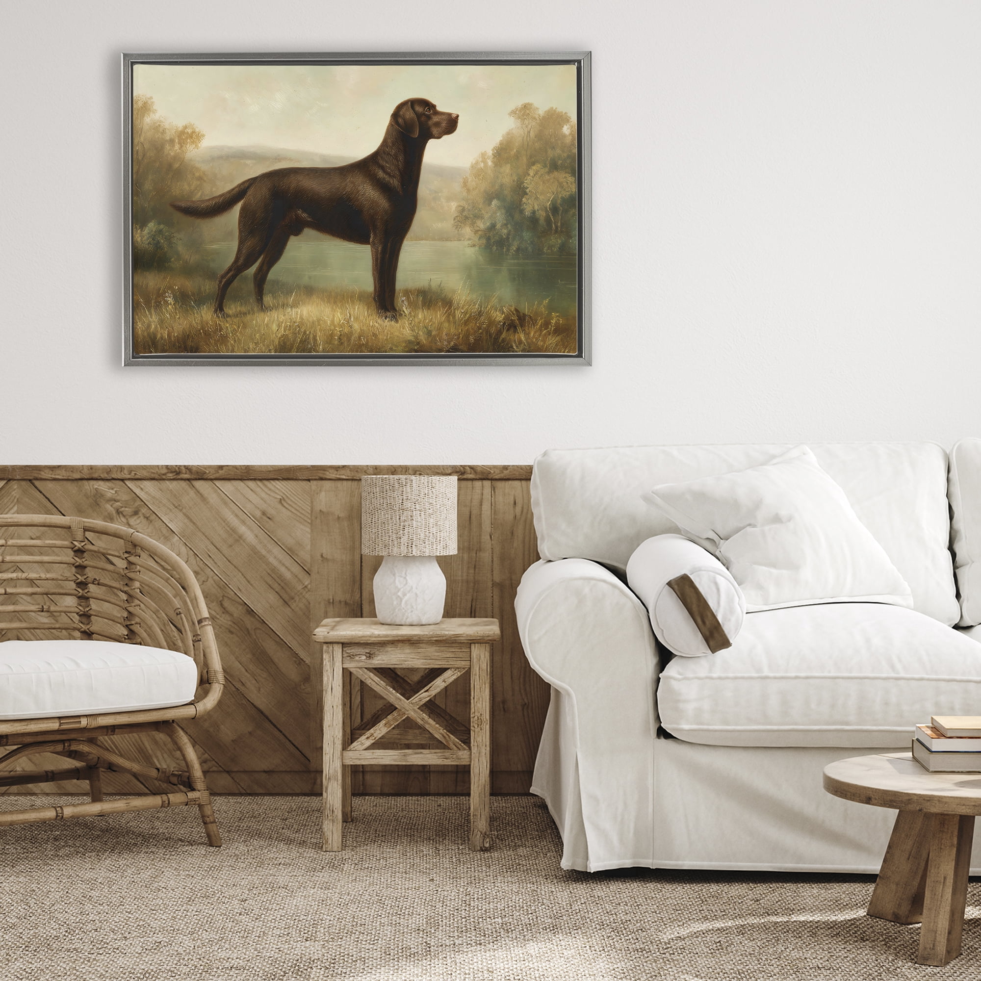 Stupell Industries Chocolate Brown Labrador Gray Framed Floater Canvas Wall Art, design by Petal Prints Design