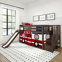 Low Bunk With Stairs, Easy Slide & Firetruck Curtain, Clay
