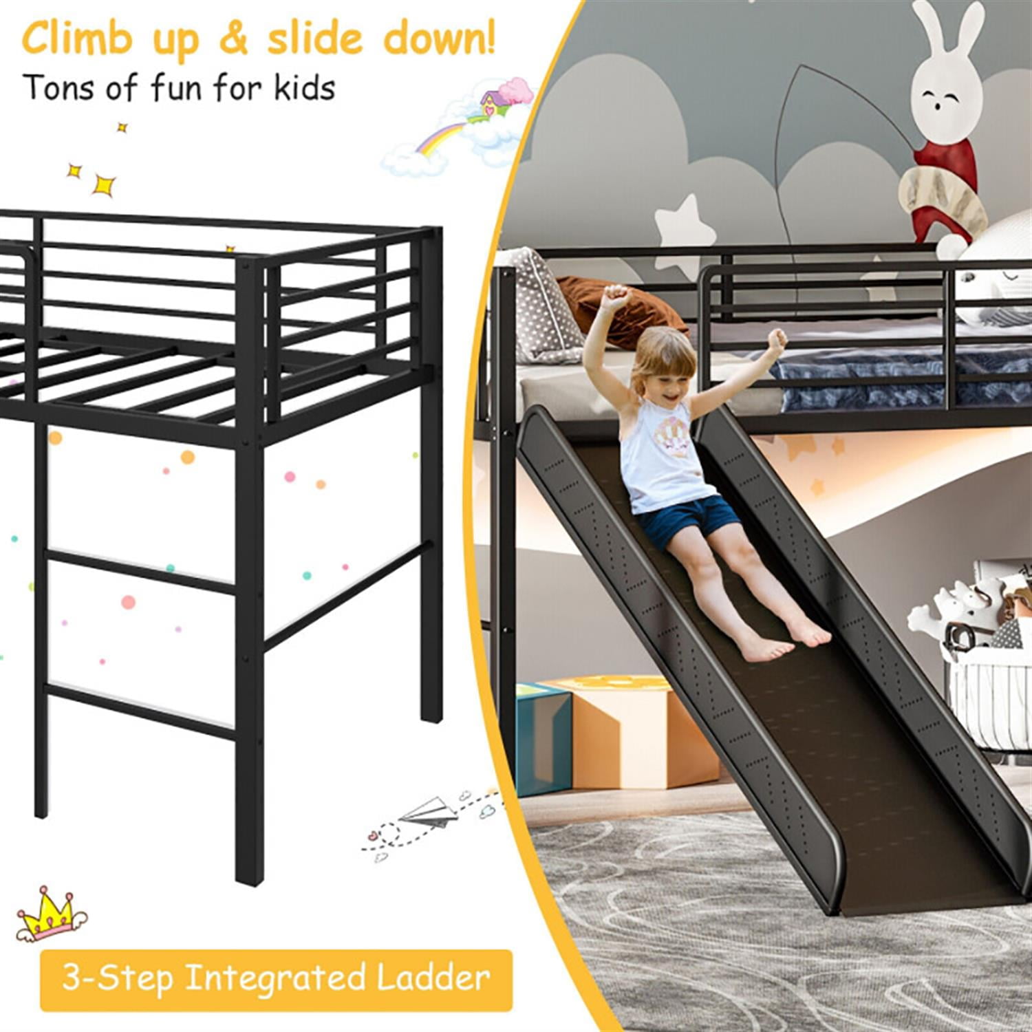 Demi Bonn Twin Metal Loft Bed with Slide Safety Guardrails and Built-in Ladder for Teens, Black