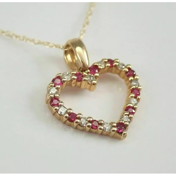 1Ct Round Cut Red Ruby Open Heart Pendant Lab Created 14K Yellow Gold Finish Free 18" Chain