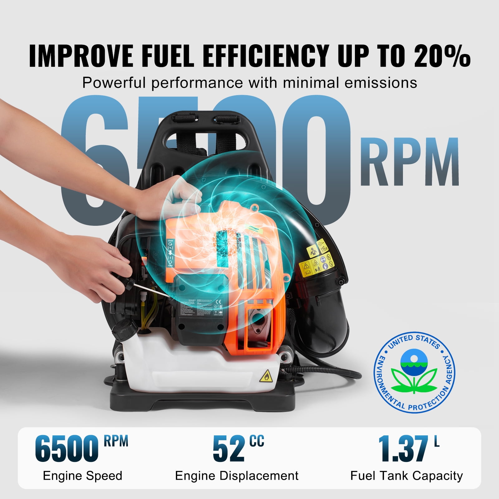 KFFKFF Rucksack Leaf Sweeper, 52CC Dual-Cycle Leaf Sweeper with 1.37L Gasoline Reservoir, 480CFM Air Capacity 175MPH Velocity, Suitable for Grass Maintenance, Leaf Disposal, and Snow Clearing
