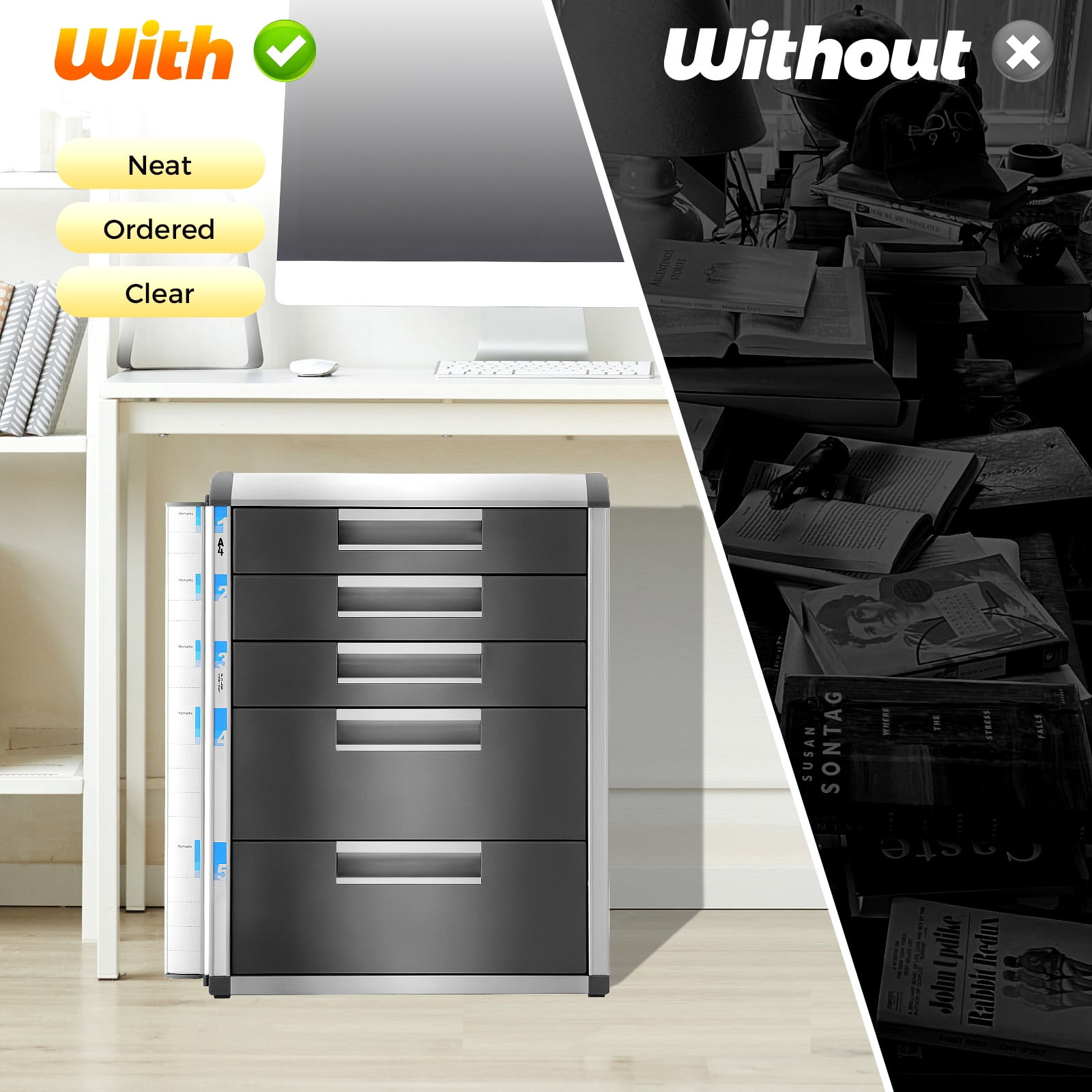 File Cabinet, 5 Tier Lateral Filing Cabinet Desktop Organizer with Lock, Fully Assembled Desktop File Sorter Mail Center Paper Storage for Homes, Offices, Schools (5 Drawers)