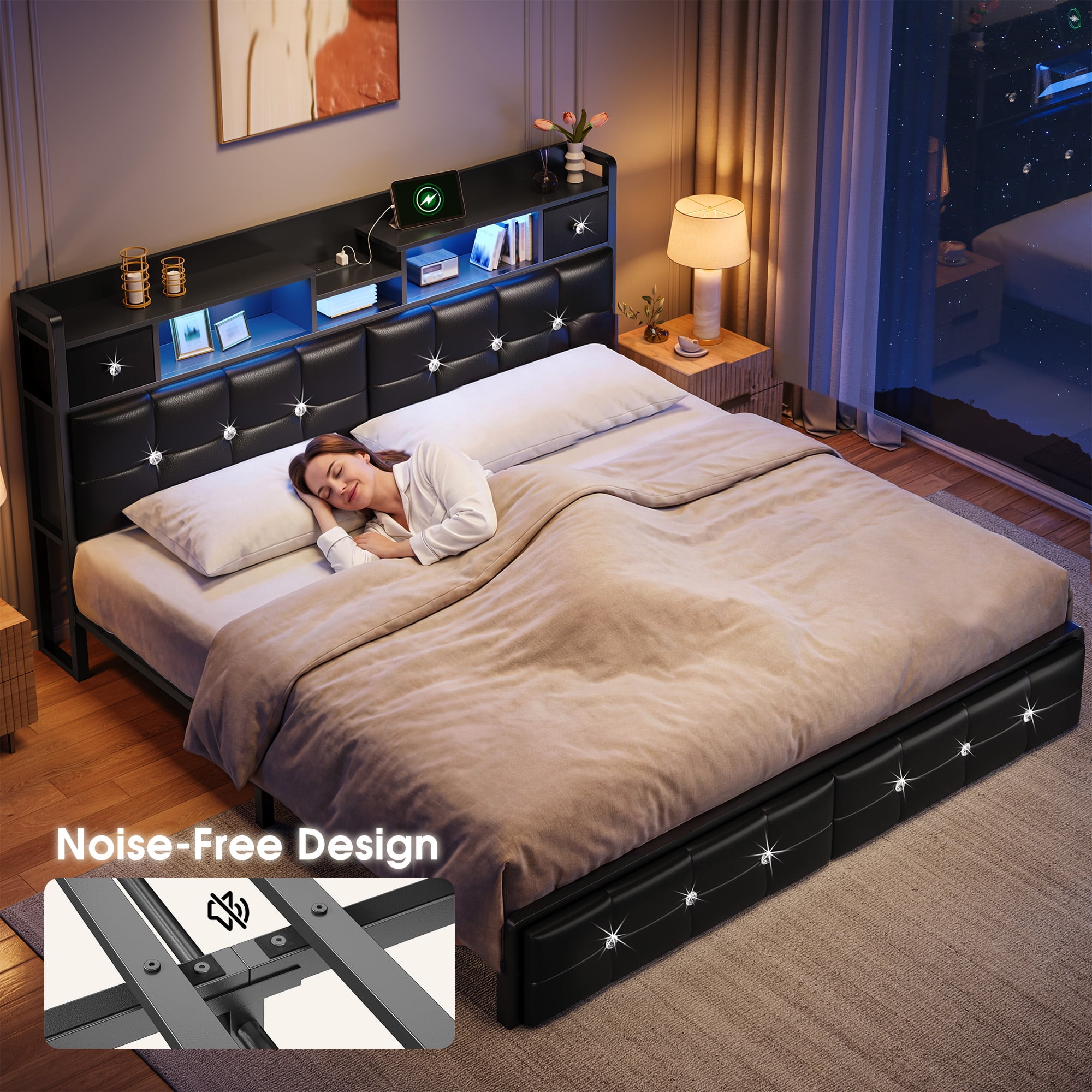 EnHomee Bed Frame with 2 Drawers King Size Bed Frame with Headboard & LED Lights Bed Frame with Storage & Headboard Drawers，Black
