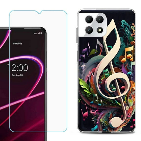 Phone Case for T-Mobile Revvl 7 5G, Shockproof Case Cover with Tempered Glass Screen Protector, by OneToughShield - Music Notes Colorful