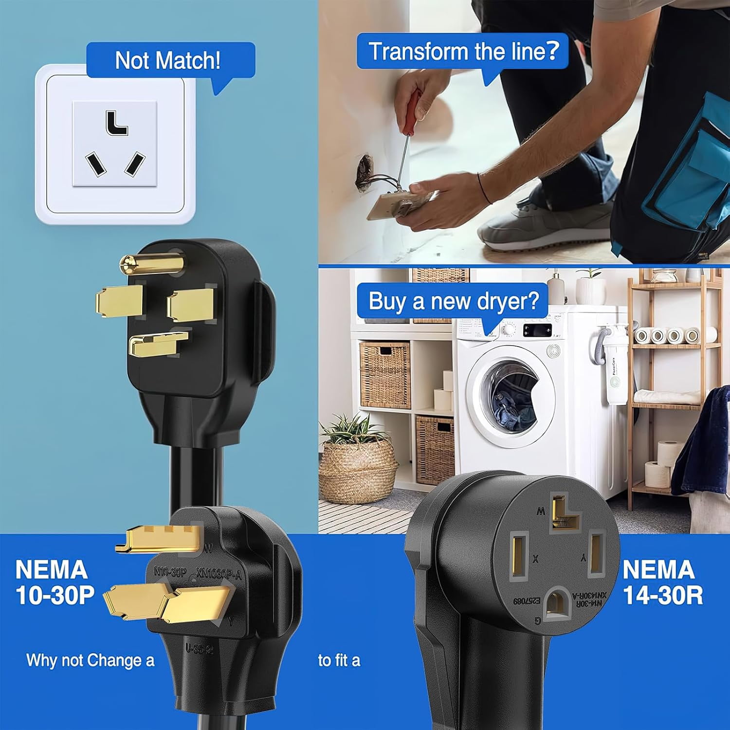 Nilight EV Dryer Adapter Cord 30 Amp to 30Amp 3 Prong 125V 3750 Watt Pure Copper Dryers Old Outlet New Plug Conversion Heavy Duty 10 Gauge Wires 10-30P to 14-30R 30M/30F