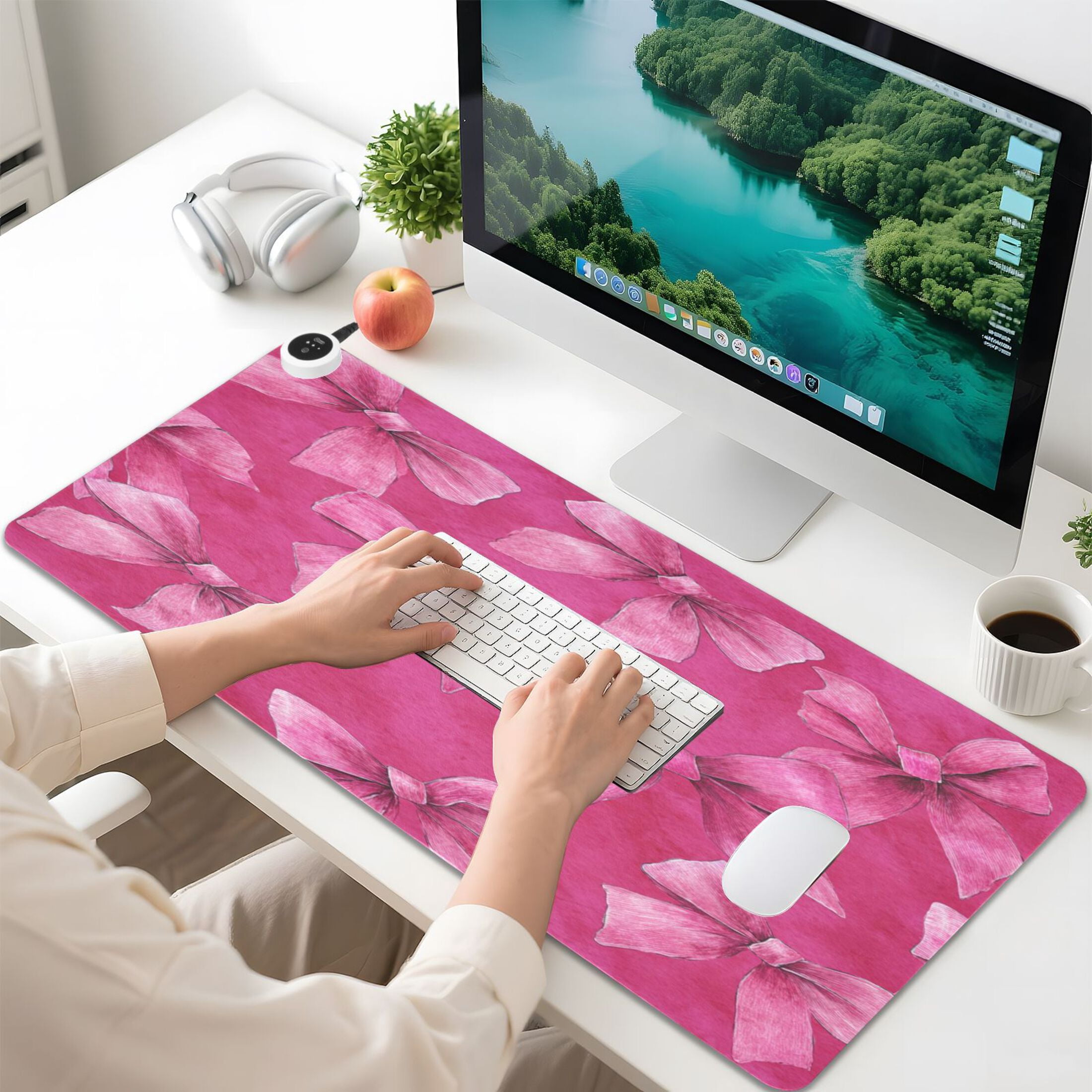 Large Heated Desk Mat Mouse Pad 31.5"x13"PU Leather Graphene Heating Desk Warmer with 3 Temperature Settings 110V US Plug Non-Slip Warm Pad for Home, Office, and Gaming Watercolor Beautiful Pink Bows