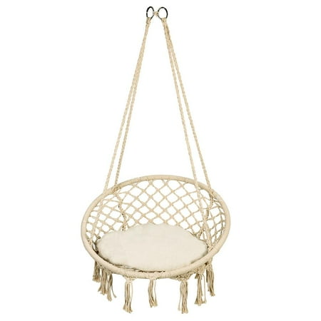 Fringe Hammock Dilwe Hammock Swing Chair, Indoor/Outdoor Bedroom Yard Patio Porch Garden Hanging Cotton Macrame Rope Hammock Lounge Swing Chair w/ Fringe Tassels Beige ()