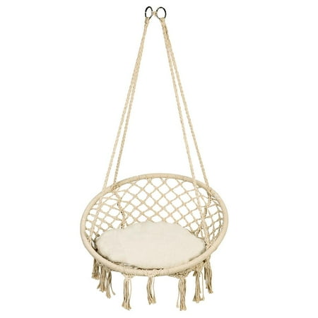 Dilwe Hammock Swing Chair, Indoor/Outdoor Bedroom Yard Patio Porch Garden Hanging Cotton Macrame Rope Hammock Lounge Swing Chair w/ Fringe Tassels