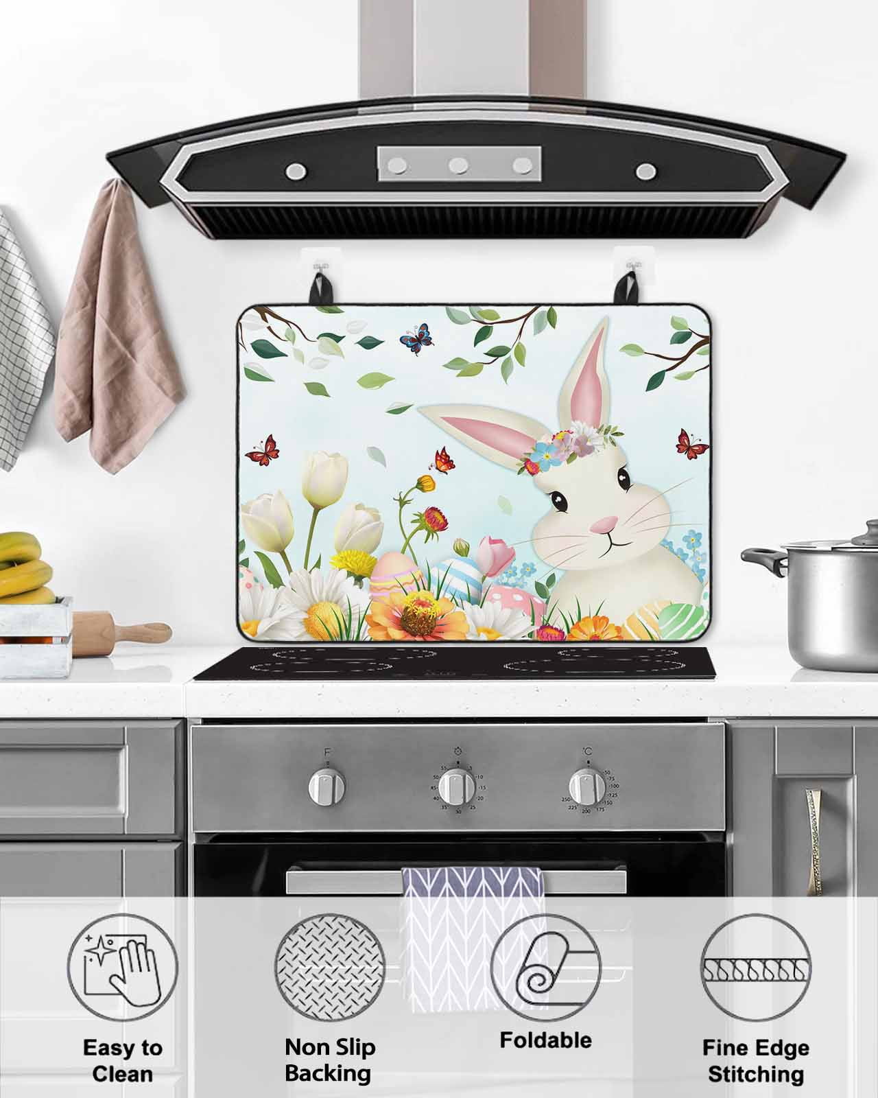 Large Induction Cooktop Protector Mat Easter Stove Top Covers for Electric Stove, Spring Watercolor Bunny Eggs Tulip Flower Plant Decorative Stove Burner Cover Mats, Glass Top Stove Cover