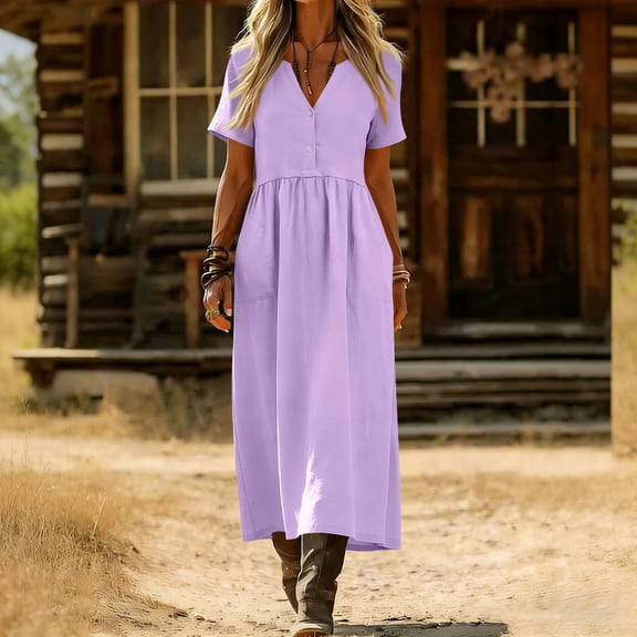 Roncen Women's Casual Long Dress V-Neck Retro Dresses Elegant Long Fitted Dress for Women with Flowy Hemlines