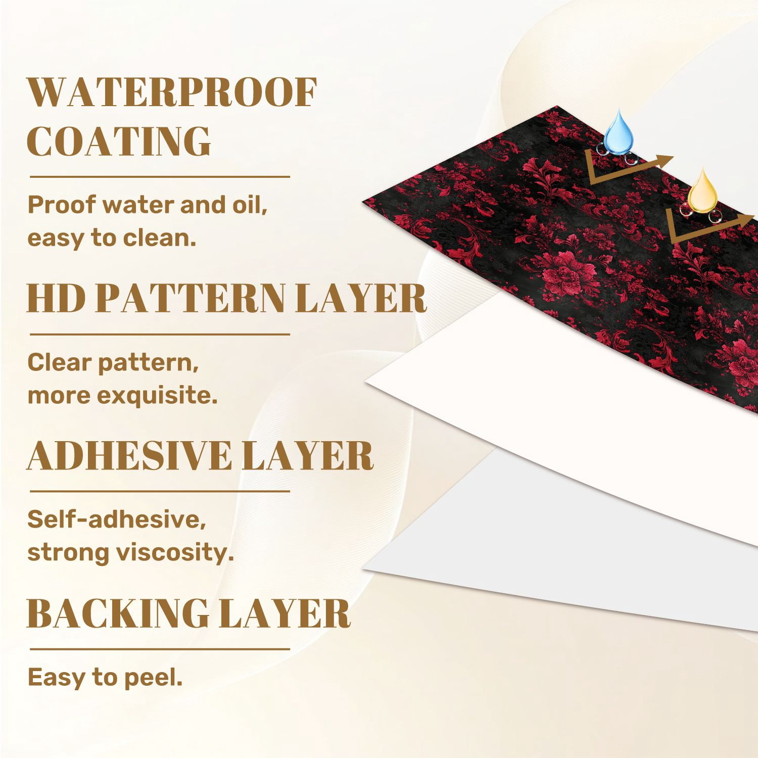 Peel and Stick Wallpaper Floral Damask Red Black Vintage Baroque Ornament Style Wall Mural 23.6in x 9.8ft Self Adhesive Removable Wall Paper Renter Friendly Wallpaper for Nursery Bedroom Cabinets
