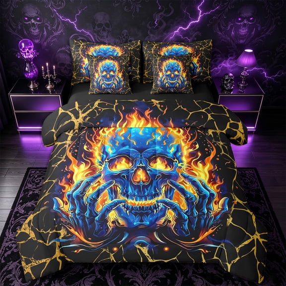 Castle Fairy Abstract Flame Skull 7-Piece Twin Bedding,Happy Halloween Bedding Comforter Set,Orange Black,Black Reversible