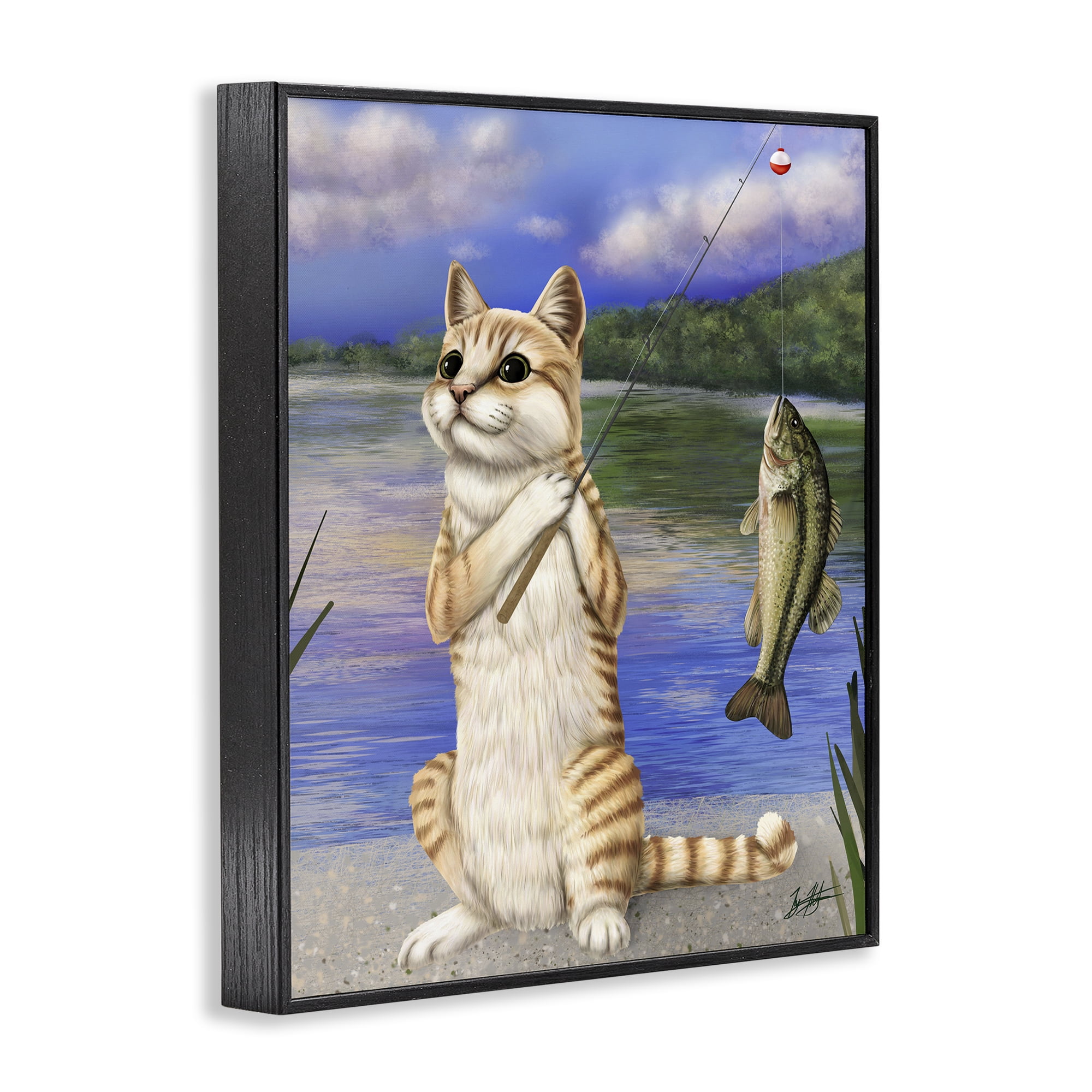 Stupell Industries Fishing Cat by Lake Animals & Insects Painting Black Framed Art Print Wall Art, 11 x 14