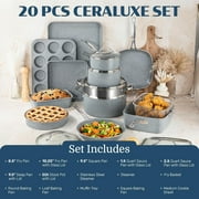 Granitestone Ceraluxe 20Pcs Ceramic Cookware Set Nonstick, Complete Pots and Pans Set Non Stick with 5 Pc Bakeware Set, Deep Frying Pan Set, Steamer, Non Toxic, Oven & Dishwasher Safe, Gray