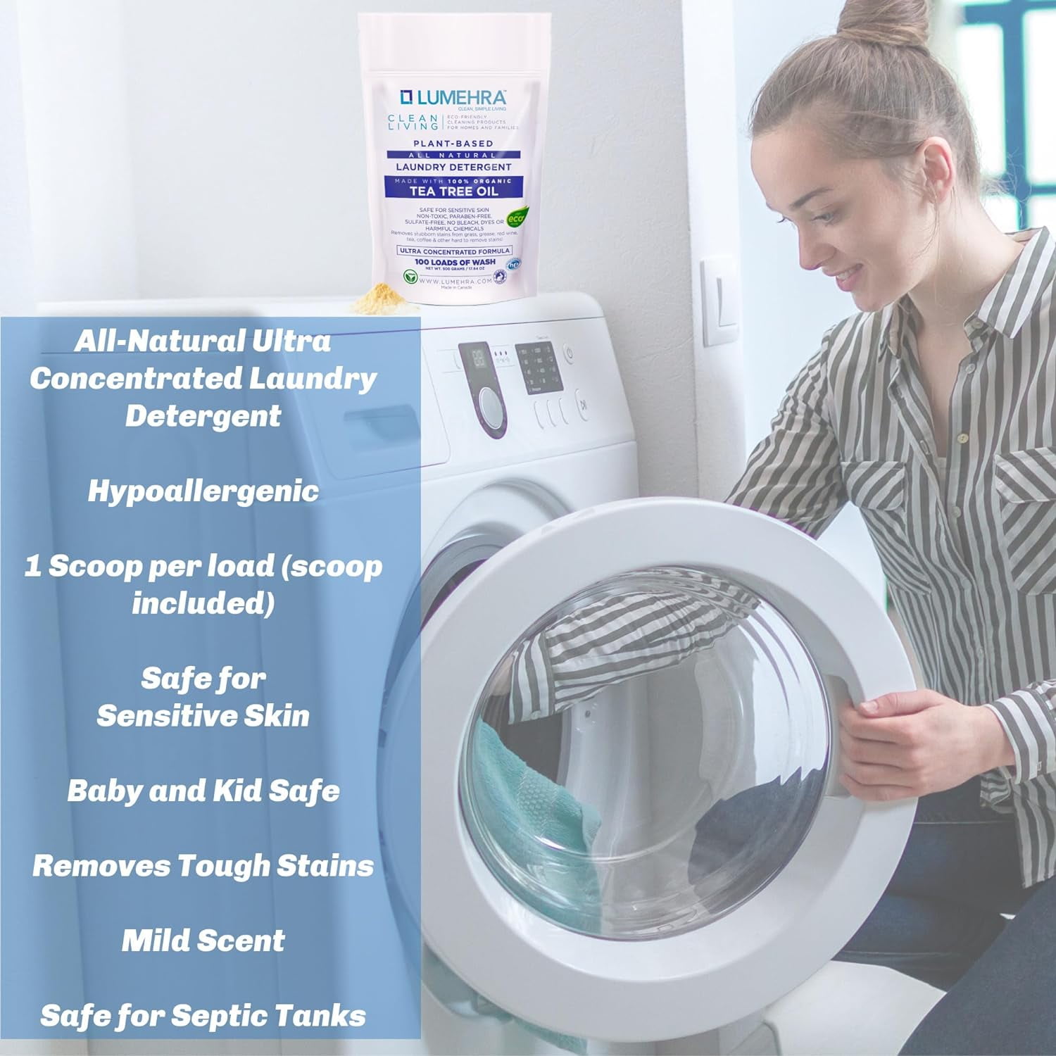 Lumehra's Laundry Detergent, Powder Biodegradable Safe for sensitive skin, Kids, Baby non toxic laundry detergent  Scent Tea Tree and Lemon Essential Oils 500 Grams 100 Loads Ultra Concentrated