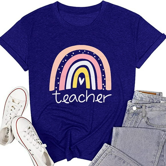 CEHVOM Women's Casual Teacher's Day Short Sleeve Letter Printed T Shirts Blouse Tops