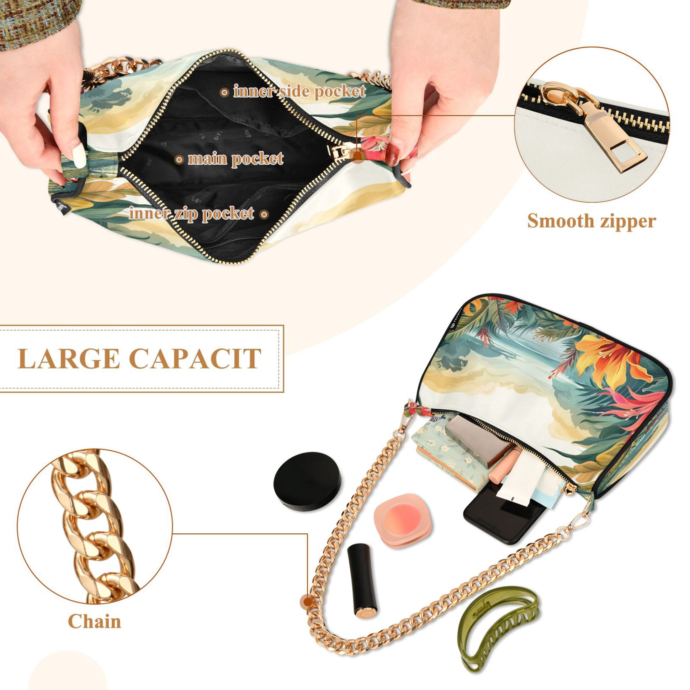 Ryvnso Palm Leaves Landscape Womens Chain Shoulder Bag Tote Handbags Clutch Hobo Purse with Zipper for Travel