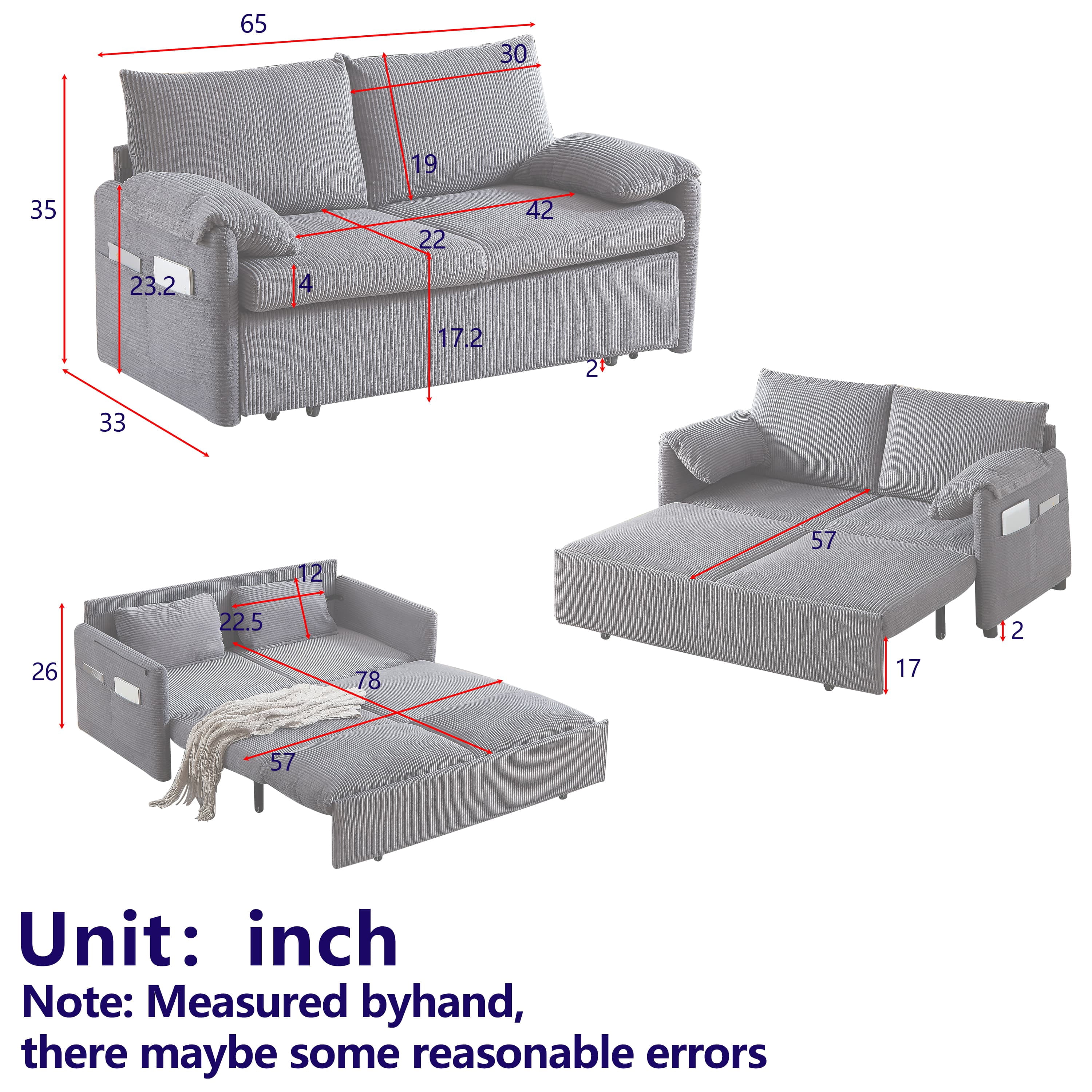 MAYEERTY 64.5 Inch Sleeper Sofa Bed 3 in 1 Adjustable Pullout Bed 2 Pillows Side Pockets Soft Corduroy Convertible Living Room Bedroom Apartment Office
