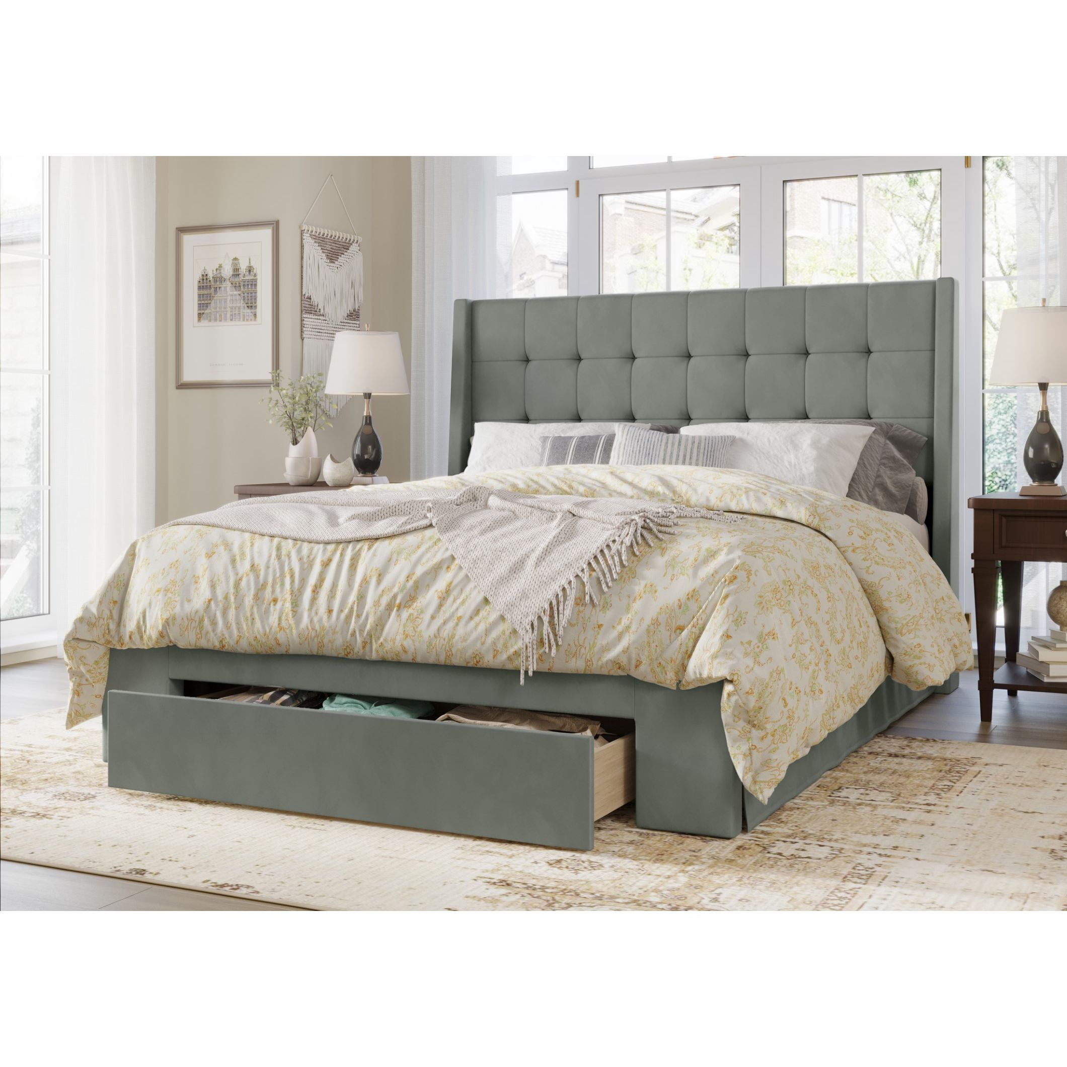 Home Design Pamela Queen Tufted Velvet Upholstered Storage Panel Bed Frame, Wingback Headboard with Geometric Button Tufting, Gray – Modern Bedroom Furniture